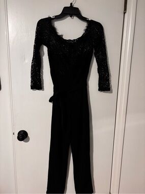 SHEIN Black Lace-Sleeve Waist-Tie Jumpsuit